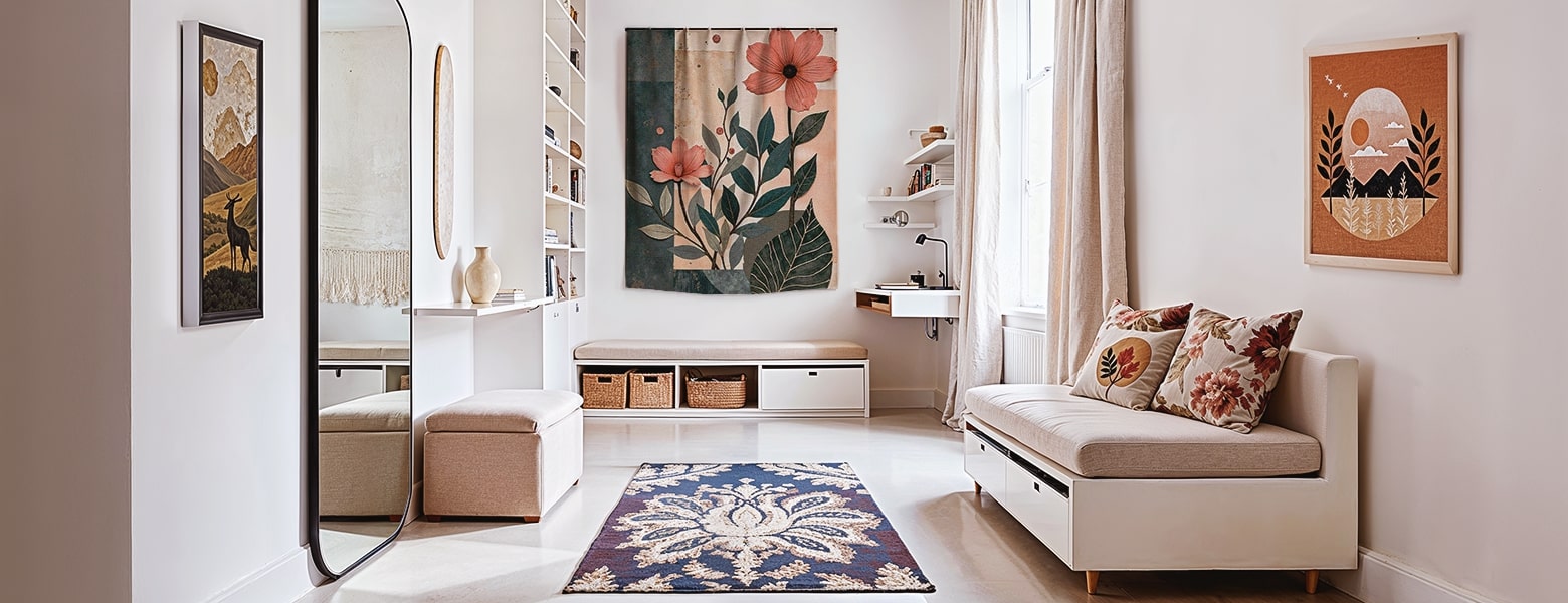 Cozy small living room with wooden furniture, indoor plants, large window, and blue patterned rug creating a bright and spacious look.