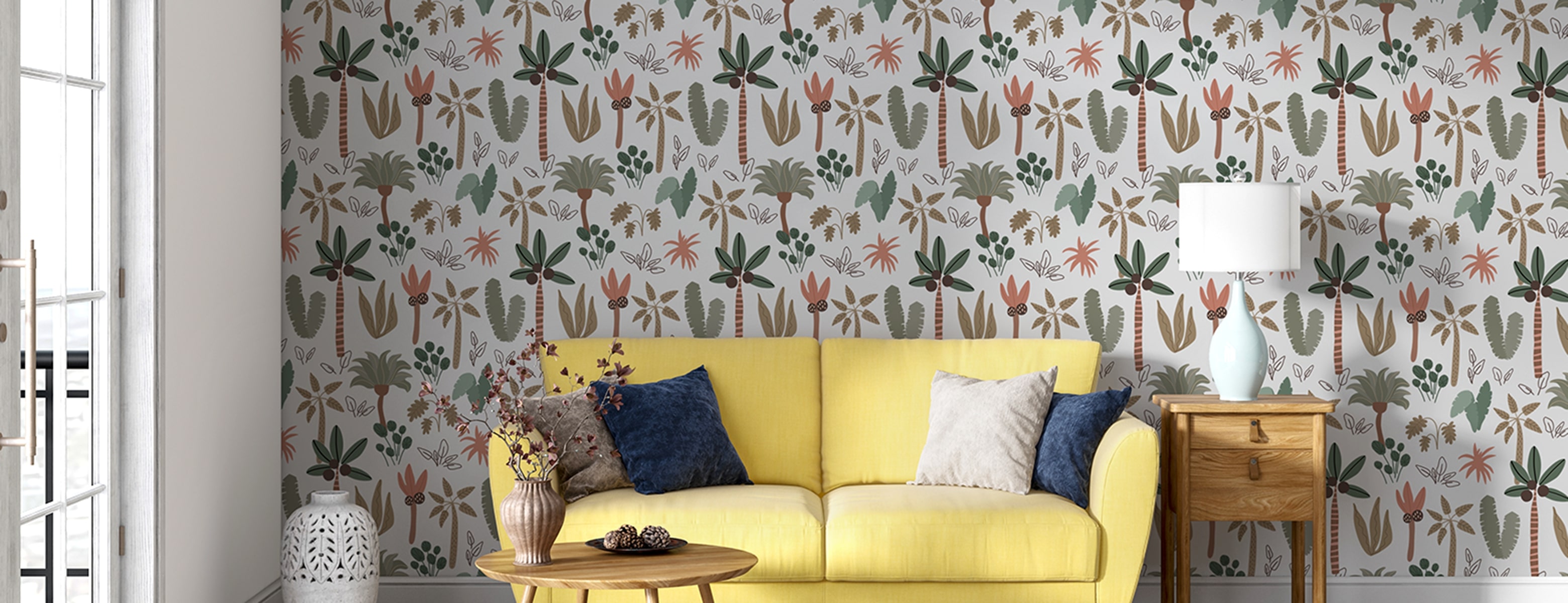 Living room with tropical patterned custom wallpaper behind a yellow sofa and wooden side table.