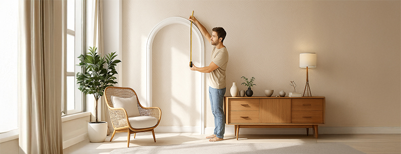 Man measuring an arched wall in a modern living room while preparing for custom wallpaper installation.