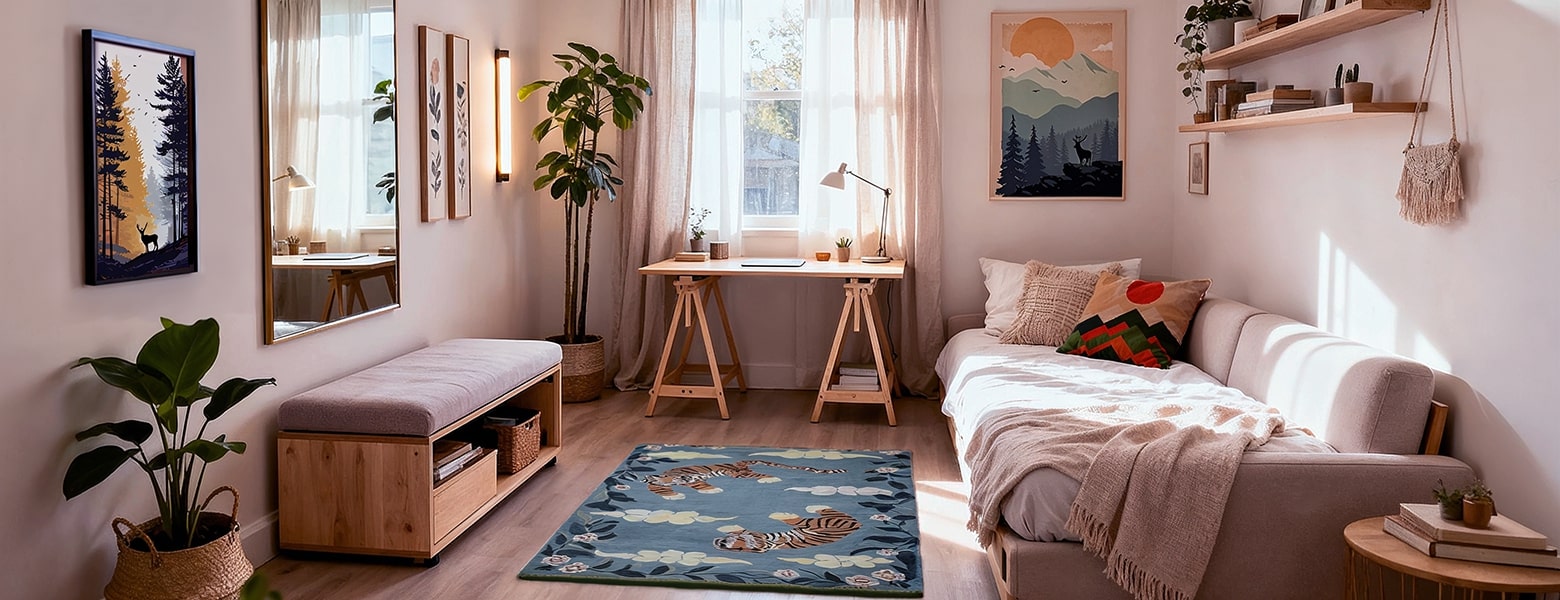 Minimalist living room with beige seating, floral wall art, large mirror, and natural light enhancing space and warmth.