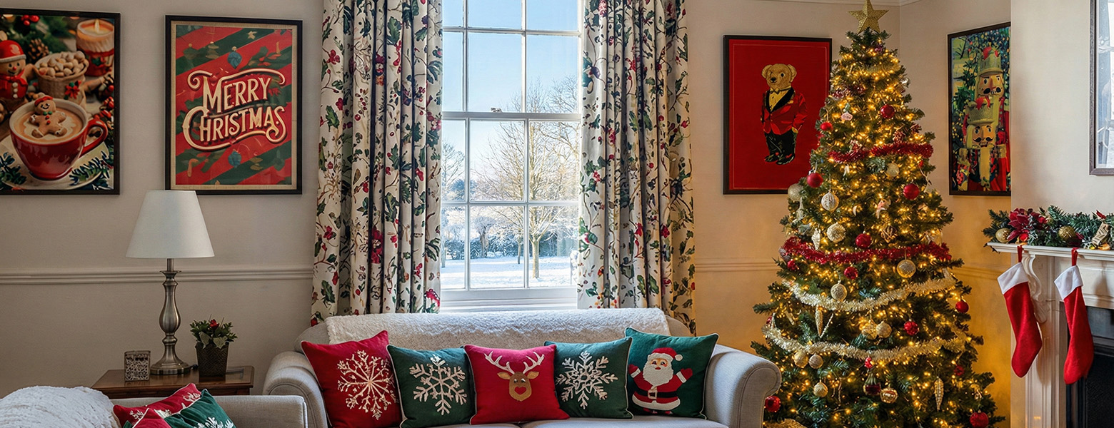Traditional Christmas living room with a decorated tree, festive red and green cushions, holiday wall art, and cozy classic décor