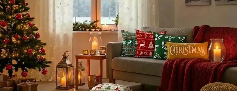 Cozy Christmas entryway with festive wreath, holiday pillows, warm candles, and a decorative doormat