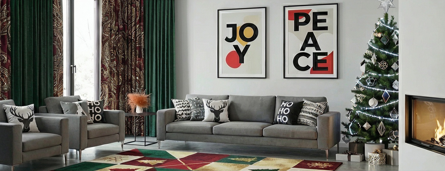 Minimal Christmas living room with grey sofas, green curtains, modern wall art, and a softly decorated Christmas tree creating a calm holiday aesthetic