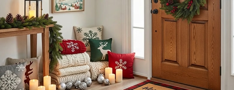 Warm Christmas living room setup with a decorated tree, holiday cushions, glowing candles, and cozy blankets.