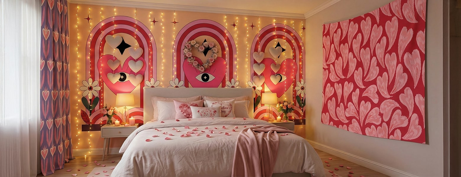 Romantic Valentine’s Day bedroom décor with heart wall art, fairy lights, soft bedding and warm lighting creating a cozy love-themed interior