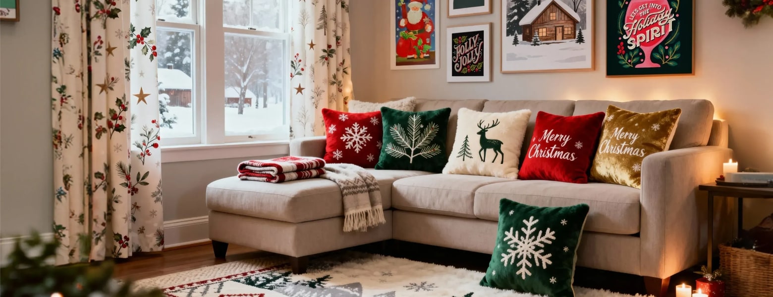 Festive holiday living room with neutral sectional sofa, Christmas throw pillows, winter artwork, soft lighting, and personalized decor creating a warm and joyful family holiday space