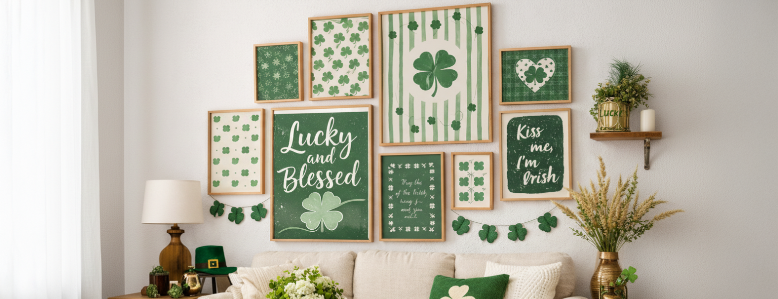St Patrick’s Day wall decor ideas with green clover gallery wall, custom wall art prints and festive living room styling for spring holiday home decoration