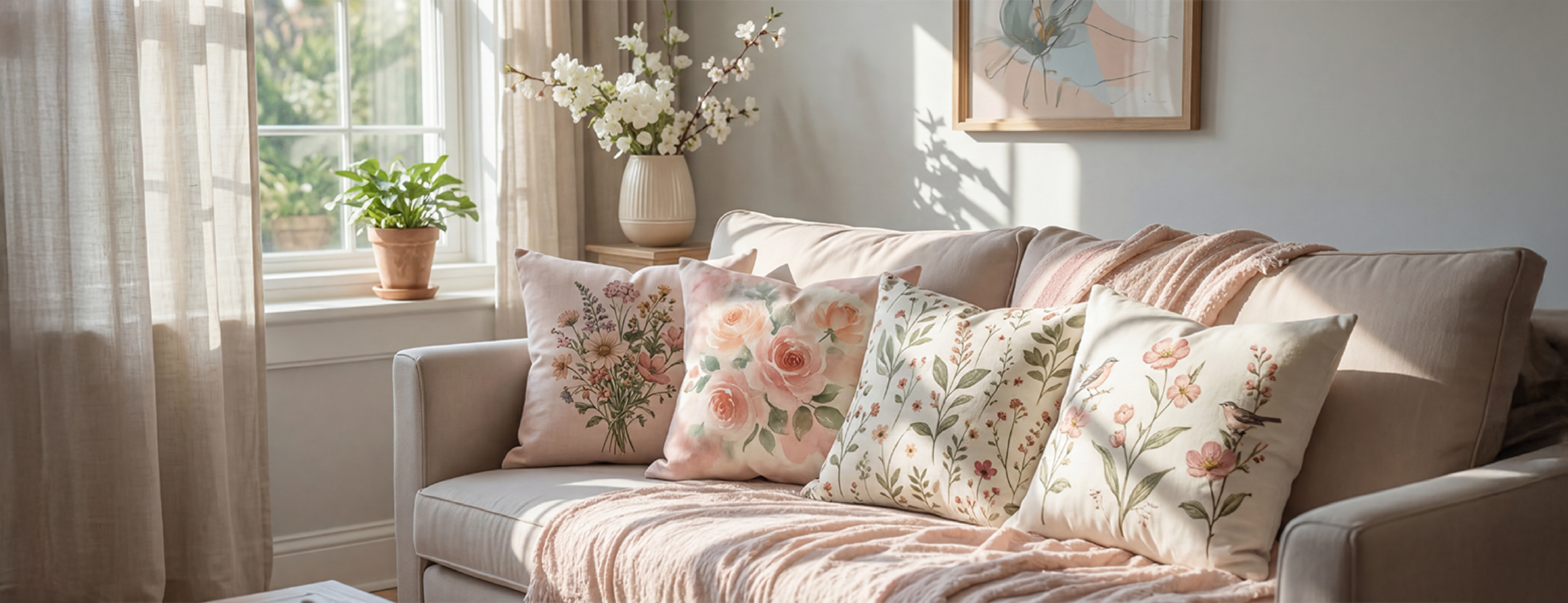 Botanical themed spring living room with floral cushions and nature inspired home decor