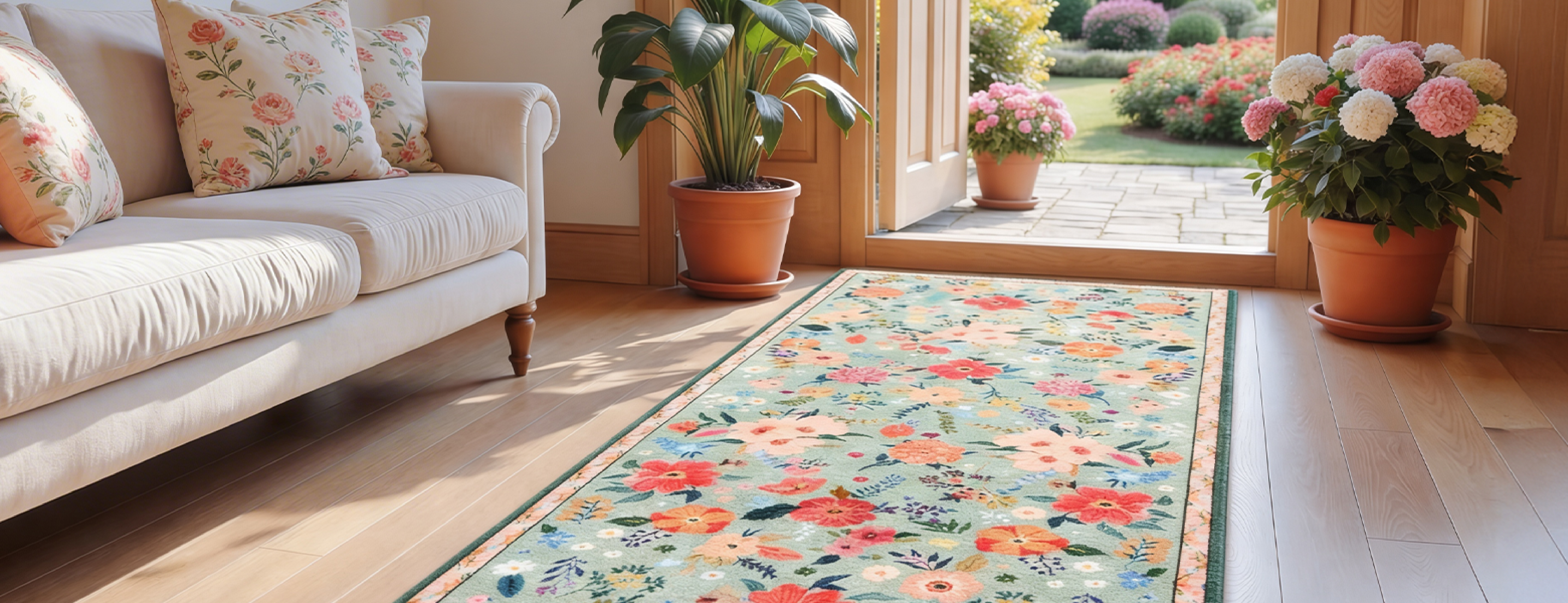 Floral spring area rug in pastel colors placed in a bright living room with natural sunlight, perfect stylish spring rug idea for home decor refresh