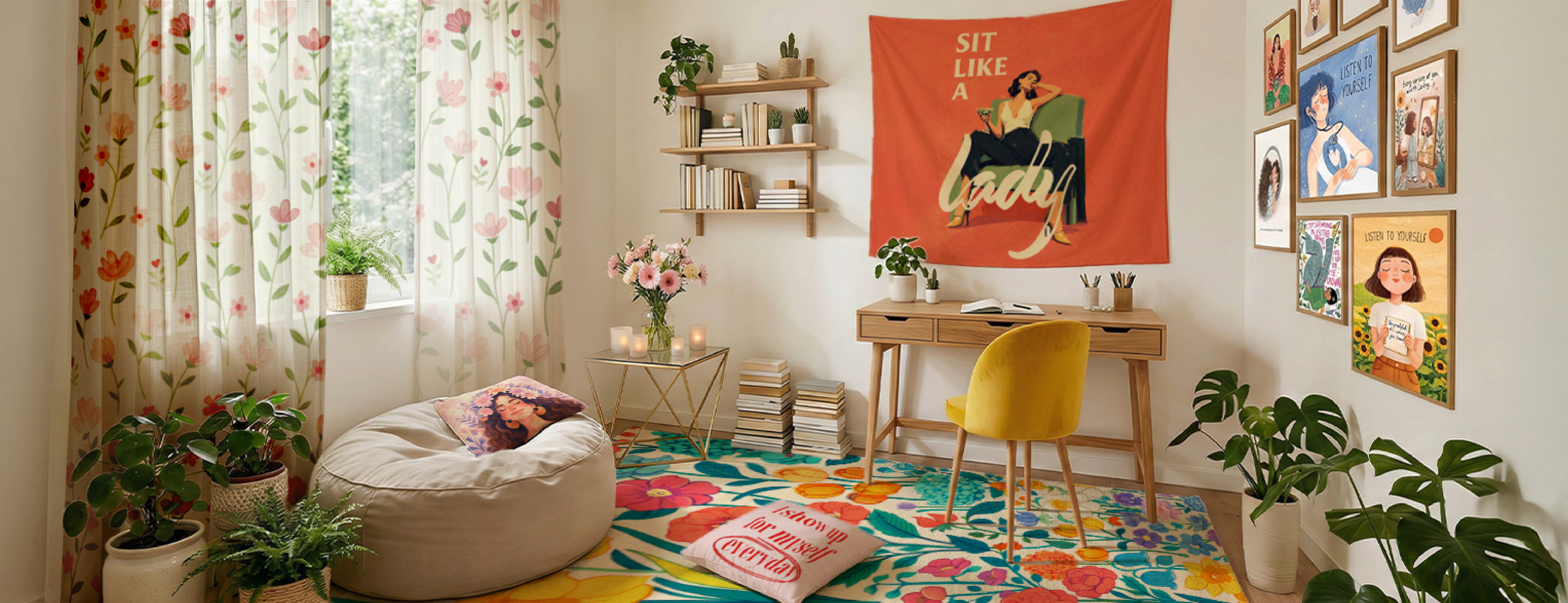 International Women’s Day personalized home decor with custom tapestry, floral curtains, empowering wall art and colorful rug