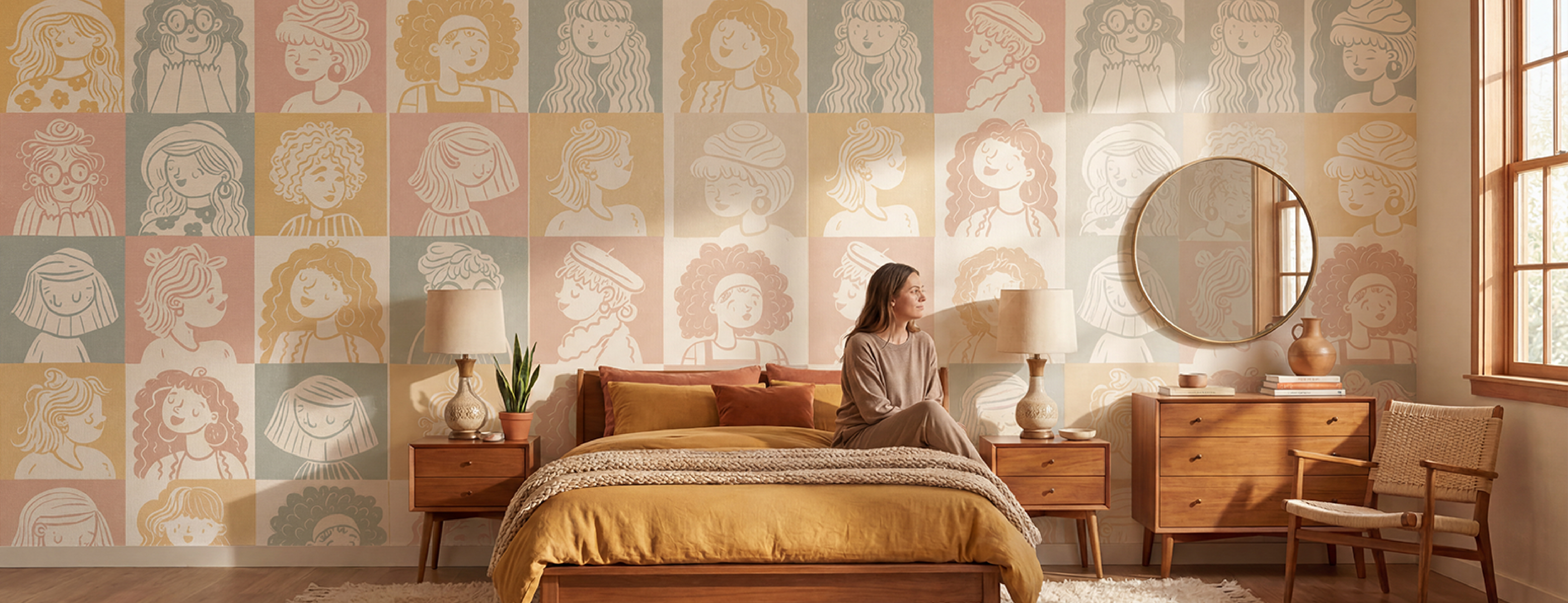 Bedroom with artistic wall mural celebrating women empowerment for International Women’s Day decor inspiration