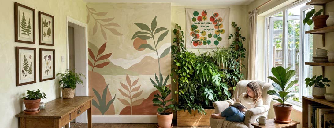Eco friendly living room with nature inspired wall mural, indoor plants, and sustainable home decor styling for Earth Day