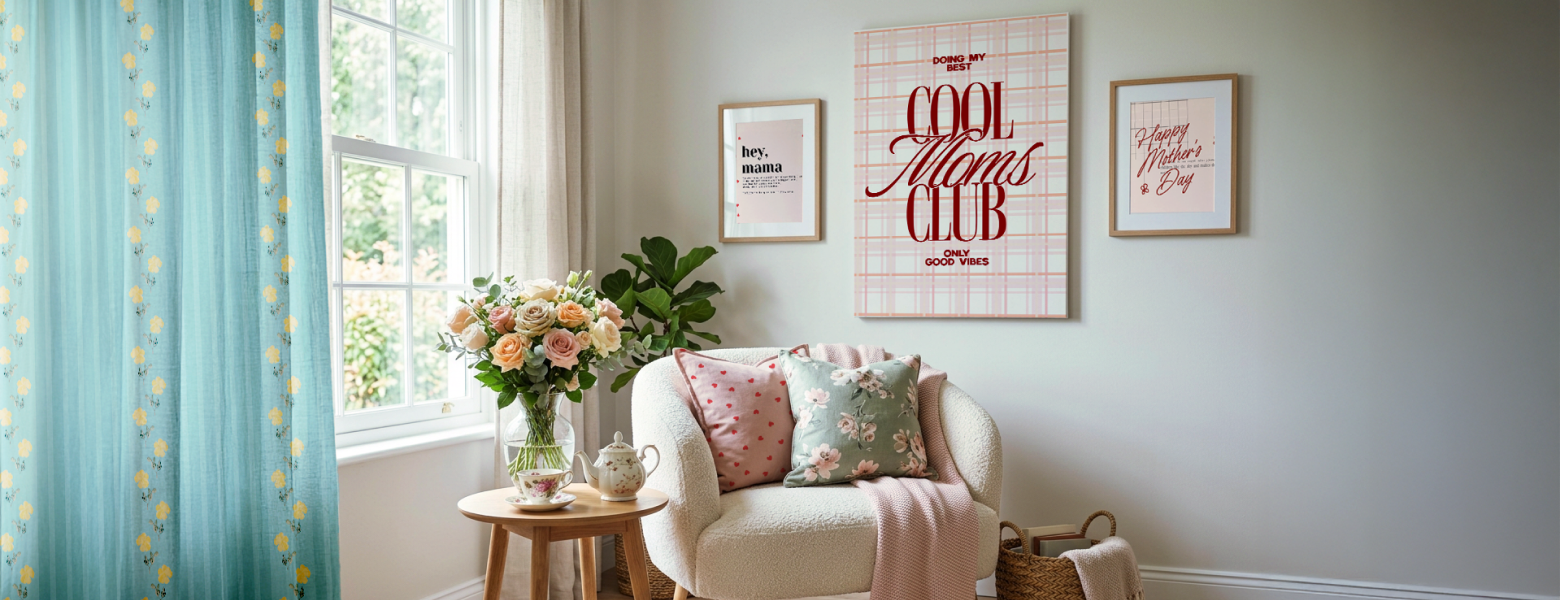 Personalized wall art and cozy reading corner setup with flowers and cushions, perfect Mother’s Day home decor gift