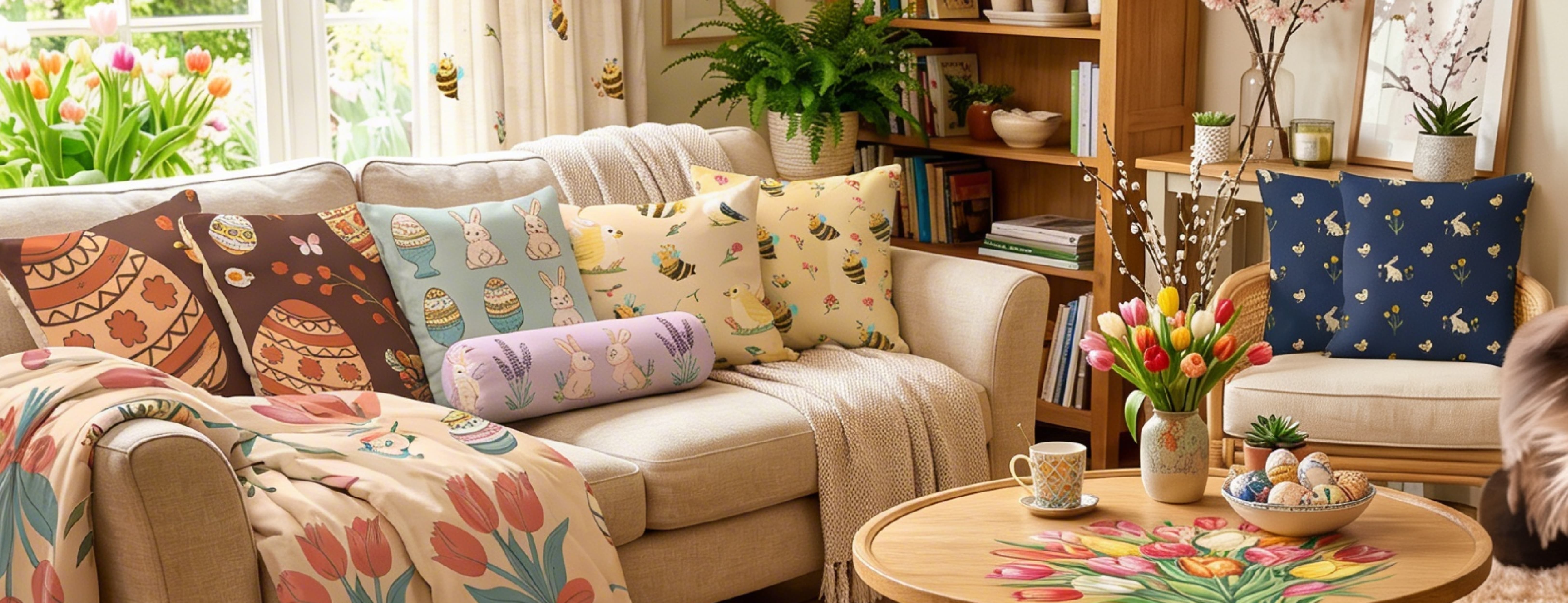 Easter themed throw pillows with bunny, egg and floral prints on a cozy sofa, pastel spring home decor setup with tulips and festive cushions for living room styling