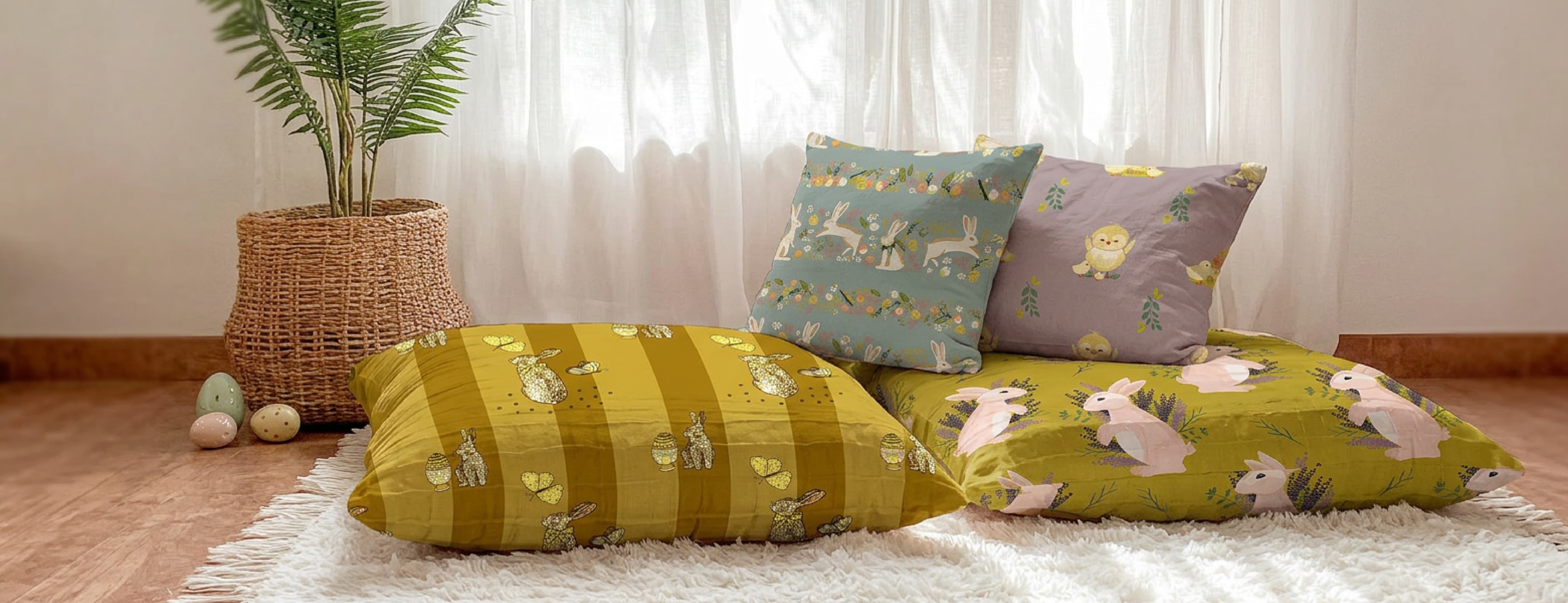 Custom Easter floor cushions with bunny illustrations and pastel fabric, spring inspired home decor pillows placed on soft rug with decorative eggs