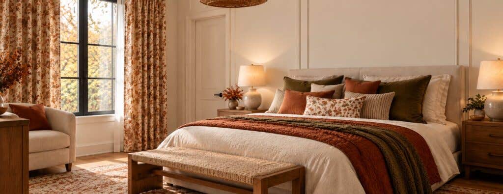Cozy fall bedroom decor with warm-toned bedding, textured throws, floral curtains, and earthy accent pillows