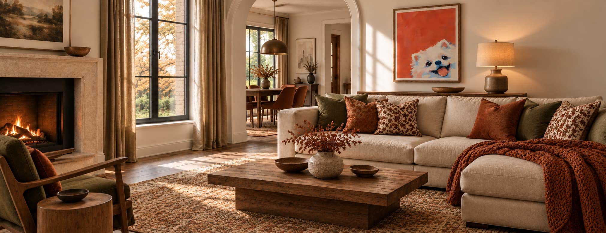 Warm and cozy fall living room decor featuring earthy throw pillows, textured blankets, natural wood furniture, and soft lighting